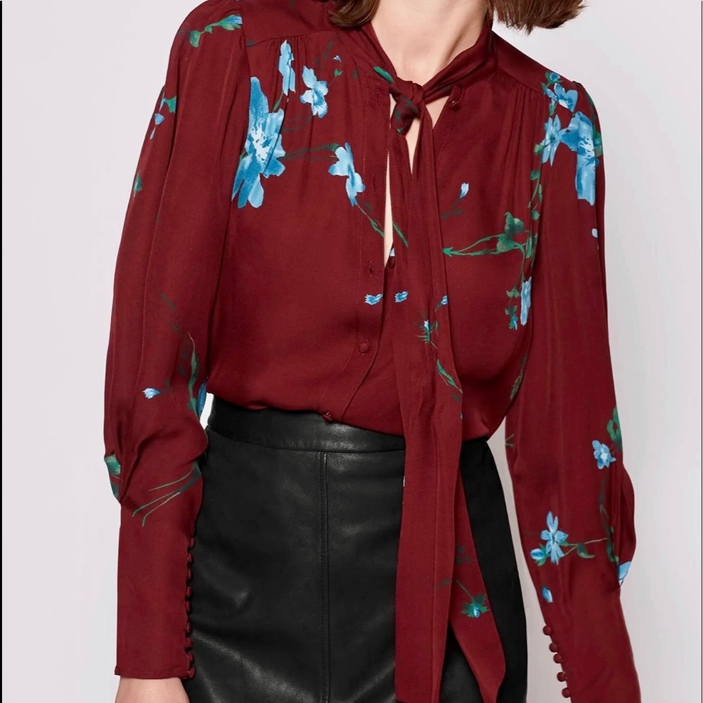 HOT LOOK! Joie 100% Silk Long Sleeve Blouse Size Large, Neck Tie, 10 Button Cuff